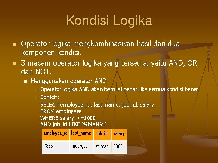 Kondisi Logika n n Operator logika mengkombinasikan hasil dari dua komponen kondisi. 3 macam