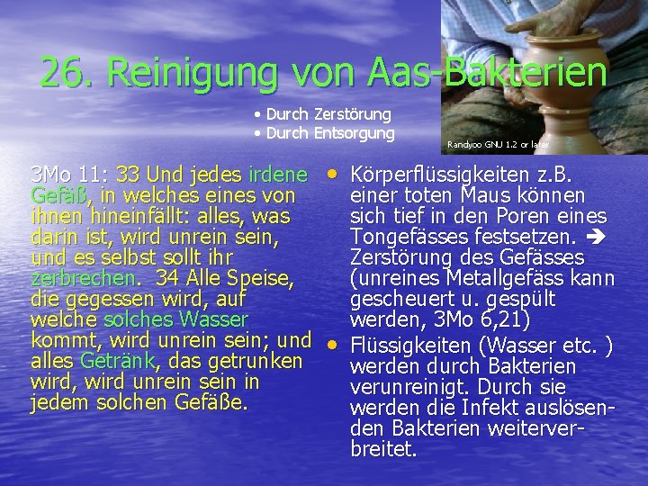 26. Reinigung von Aas-Bakterien • Durch Zerstörung • Durch Entsorgung 3 Mo 11: 33