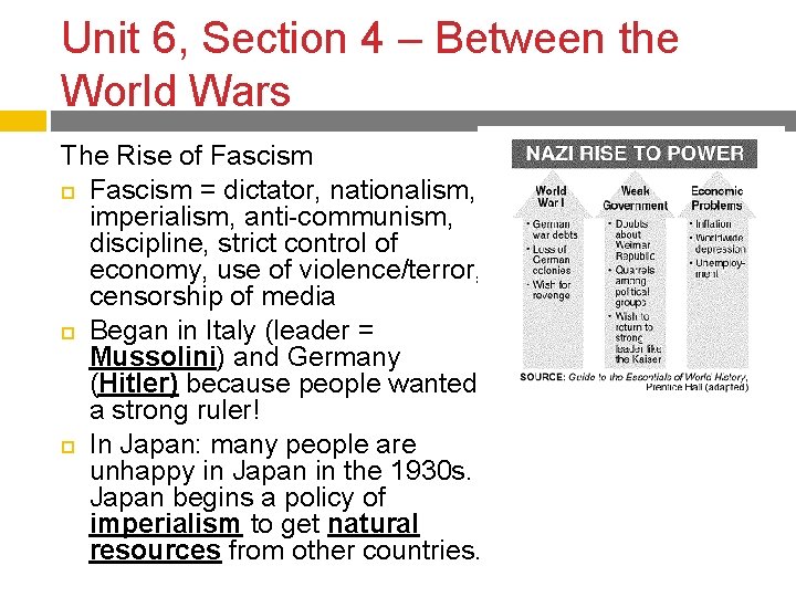 Unit 6, Section 4 – Between the World Wars The Rise of Fascism =