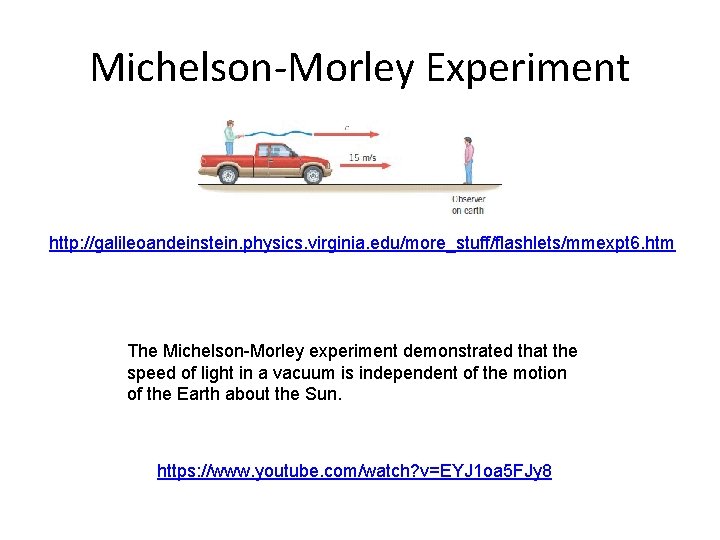 Michelson-Morley Experiment http: //galileoandeinstein. physics. virginia. edu/more_stuff/flashlets/mmexpt 6. htm The Michelson-Morley experiment demonstrated that