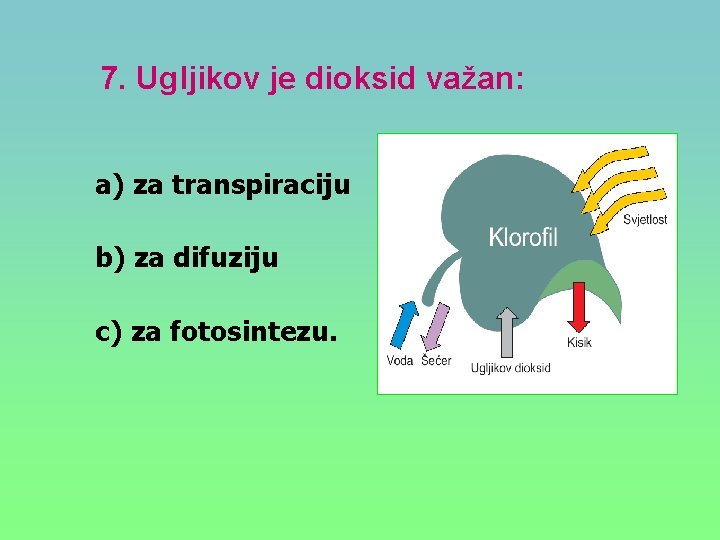 7. Ugljikov je dioksid važan: a) za transpiraciju b) za difuziju c) za fotosintezu.