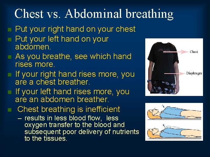 Chest vs. Abdominal breathing n n n Put your right hand on your chest