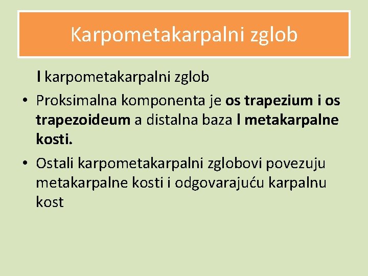 Karpometakarpalni zglob l karpometakarpalni zglob • Proksimalna komponenta je os trapezium i os trapezoideum