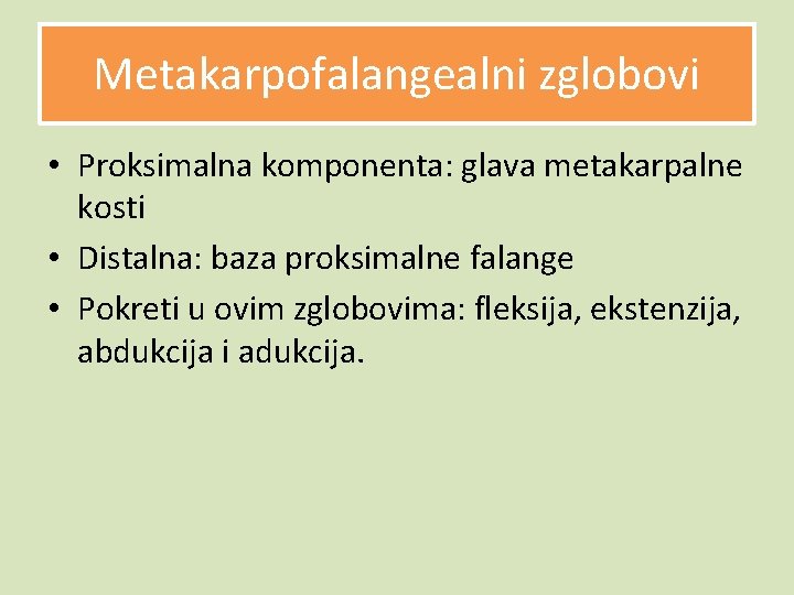 Metakarpofalangealni zglobovi • Proksimalna komponenta: glava metakarpalne kosti • Distalna: baza proksimalne falange •