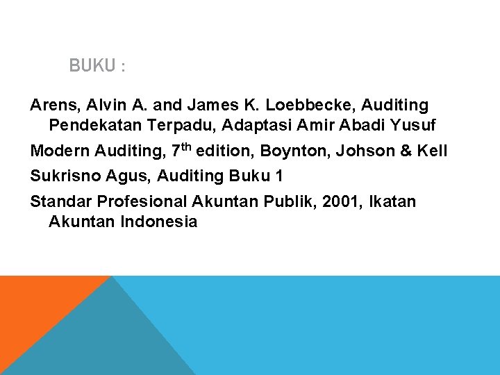 BUKU : Arens, Alvin A. and James K. Loebbecke, Auditing Pendekatan Terpadu, Adaptasi Amir