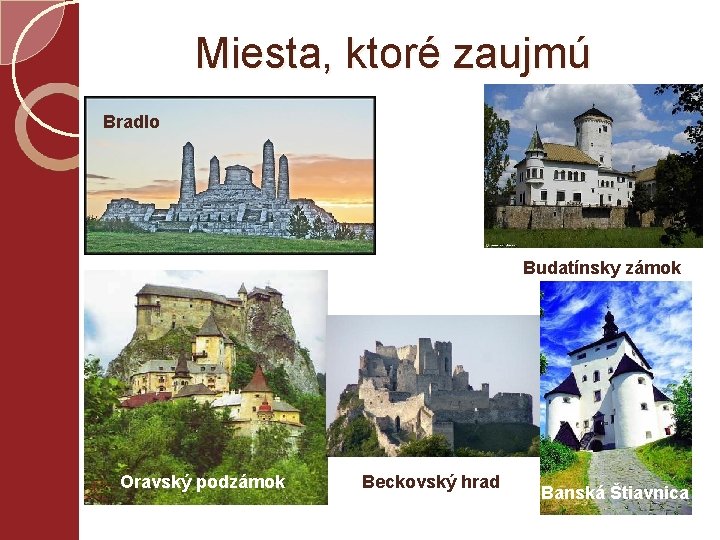 Miesta, ktoré zaujmú Bradlo Budatínsky zámok Oravský podzámok Beckovský hrad Banská Štiavnica 