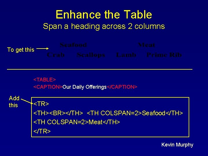Enhance the Table Span a heading across 2 columns To get this <TABLE> <CAPTION>Our Enhance the Table Span a heading across 2 columns To get this <TABLE> <CAPTION>Our