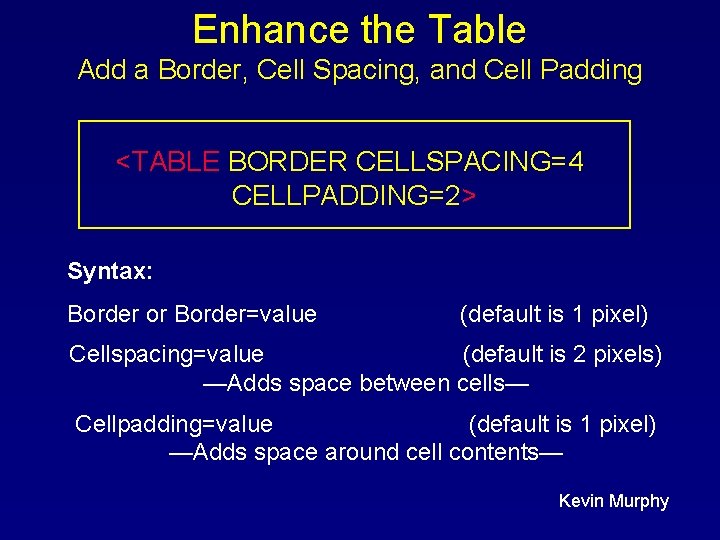Enhance the Table Add a Border, Cell Spacing, and Cell Padding <TABLE BORDER CELLSPACING=4 Enhance the Table Add a Border, Cell Spacing, and Cell Padding <TABLE BORDER CELLSPACING=4