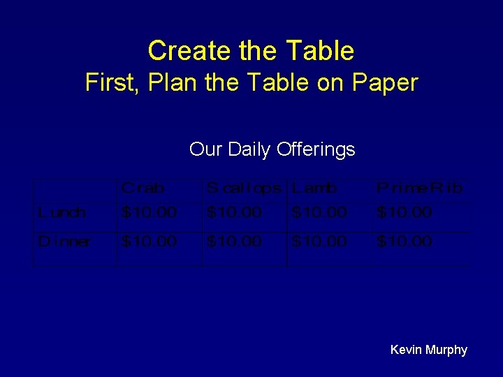 Create the Table First, Plan the Table on Paper Our Daily Offerings Kevin Murphy Create the Table First, Plan the Table on Paper Our Daily Offerings Kevin Murphy