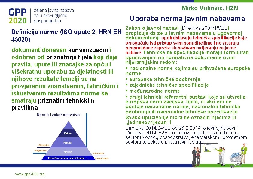 Mirko Vuković, HZN Uporaba norma javnim nabavama Zakon o javnoj nabavi (Direktiva 2004/18/EC) Definicija