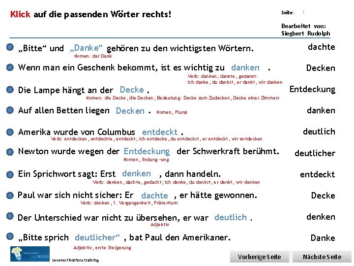 Übungsart: Klick auf die passenden Wörter rechts! Seite: 3 Bearbeitet von: Siegbert Rudolph „Danke“