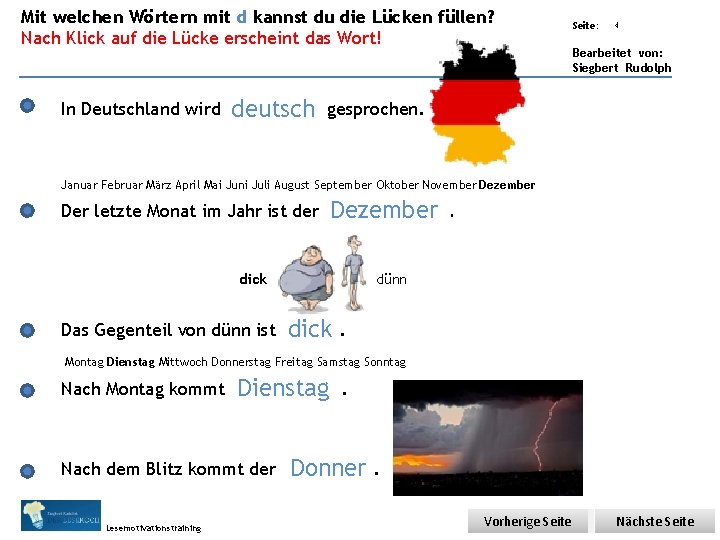 Mit welchen Wörtern mit d kannst du die Lücken füllen? Nach Klick auf die