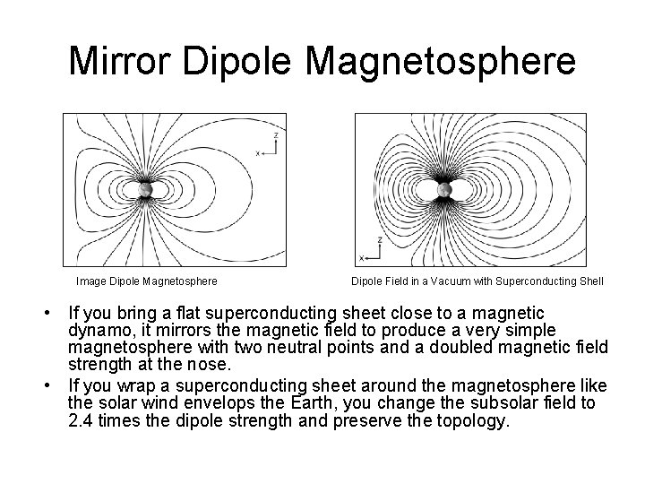 Mirror Dipole Magnetosphere Image Dipole Magnetosphere Dipole Field in a Vacuum with Superconducting Shell