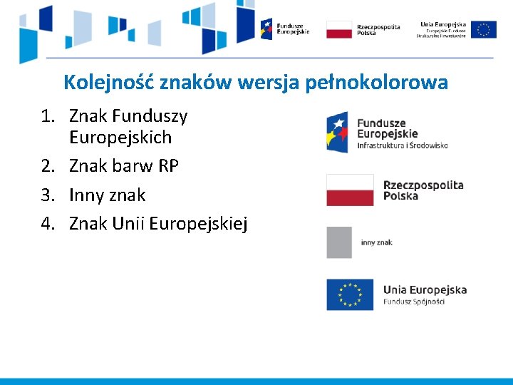 Kolejność znaków wersja pełnokolorowa 1. Znak Funduszy Europejskich 2. Znak barw RP 3. Inny