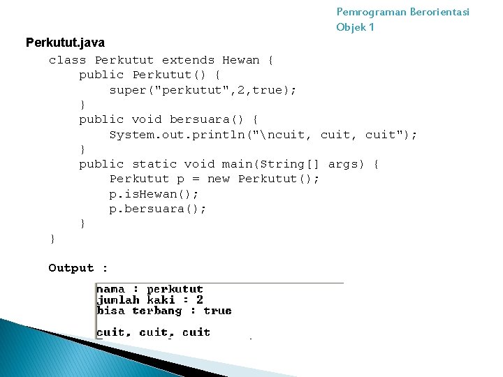 Pemrograman Berorientasi Objek 1 Perkutut. java class Perkutut extends Hewan { public Perkutut() {