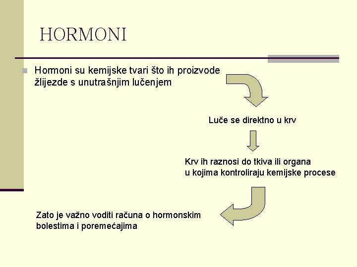 HORMONI n Hormoni su kemijske tvari što ih proizvode žlijezde s unutrašnjim lučenjem Luče