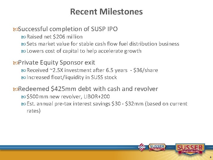 Recent Milestones Successful completion of SUSP IPO Raised net $206 million Sets market value
