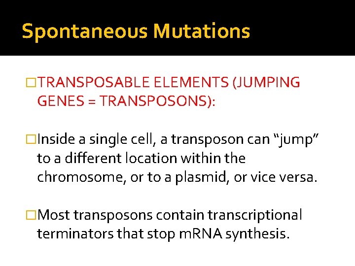 Spontaneous Mutations �TRANSPOSABLE ELEMENTS (JUMPING GENES = TRANSPOSONS): �Inside a single cell, a transposon