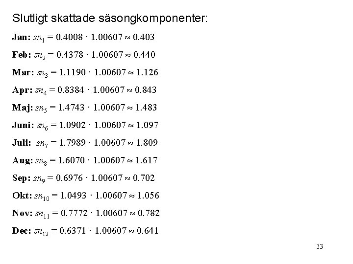 Slutligt skattade säsongkomponenter: Jan: sn 1 = 0. 4008 · 1. 00607 0. 403