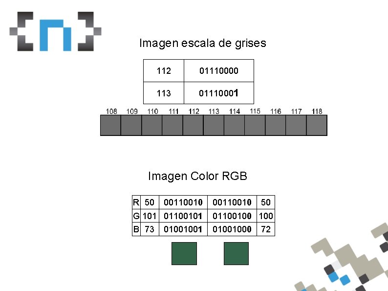 Imagen escala de grises 112 01110000 113 01110001 Imagen Color RGB R 50 00110010