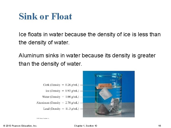 Sink or Float Ice floats in water because the density of ice is less