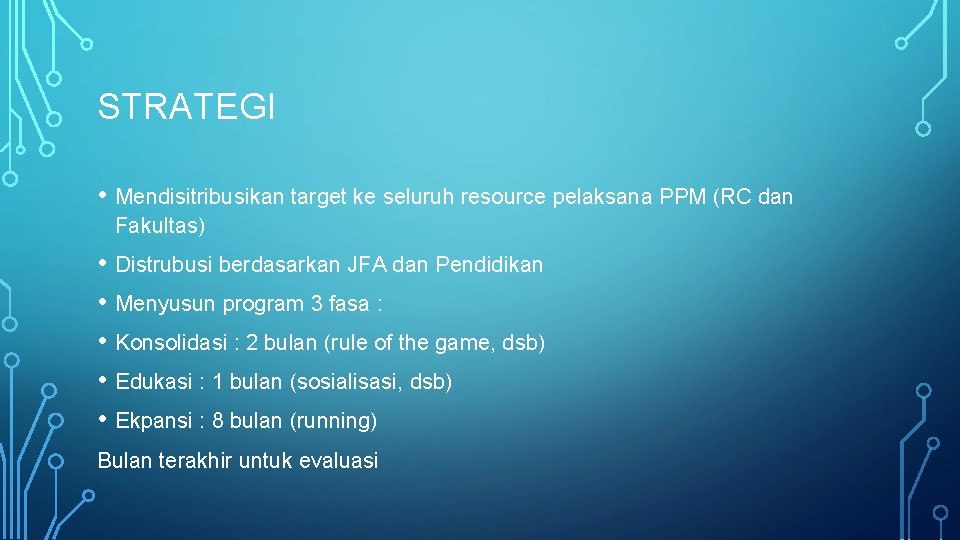 STRATEGI • Mendisitribusikan target ke seluruh resource pelaksana PPM (RC dan Fakultas) • Distrubusi