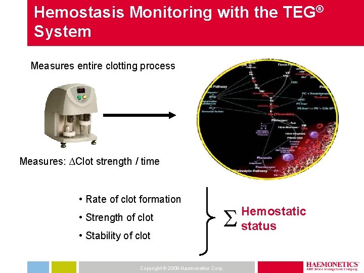 Hemostasis Monitoring with the TEG® System Measures entire clotting process Measures: ∆Clot strength /
