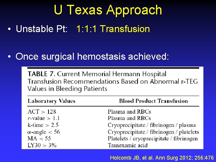 U Texas Approach • Unstable Pt: 1: 1: 1 Transfusion • Once surgical hemostasis