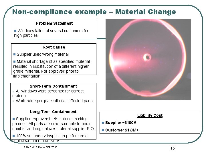 Non-compliance example – Material Change Problem Statement n Windows failed at several customers for