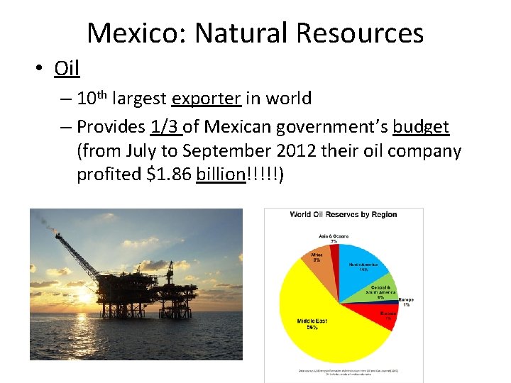 Mexico: Natural Resources • Oil – 10 th largest exporter in world – Provides