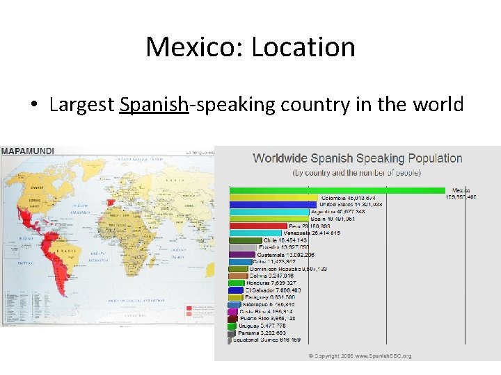 Mexico: Location • Largest Spanish-speaking country in the world 