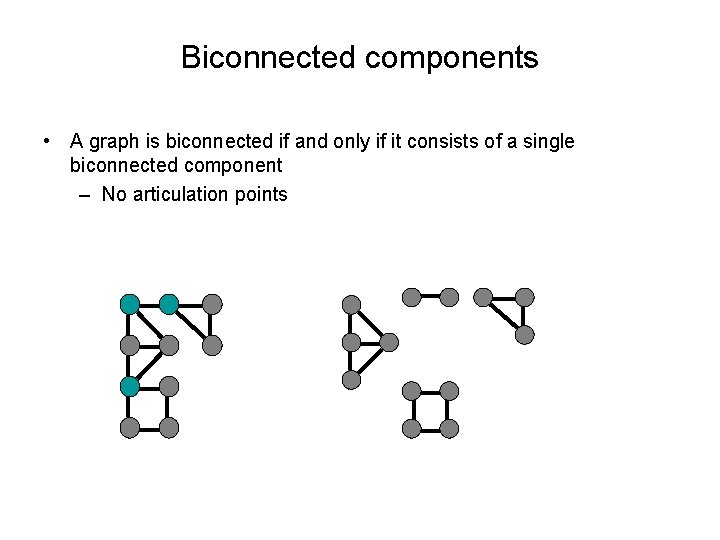 Biconnected components • A graph is biconnected if and only if it consists of