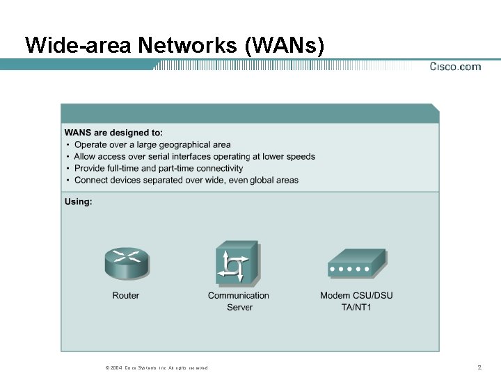 Wide-area Networks (WANs) © 2004, Cisco Systems, Inc. All rights reserved. 2 