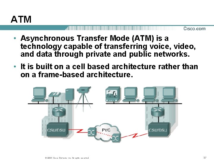 ATM • Asynchronous Transfer Mode (ATM) is a technology capable of transferring voice, video,