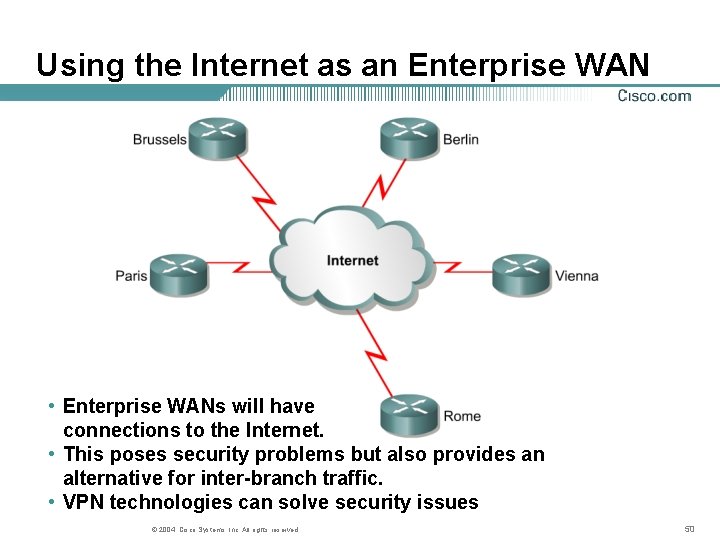 Using the Internet as an Enterprise WAN • Enterprise WANs will have connections to