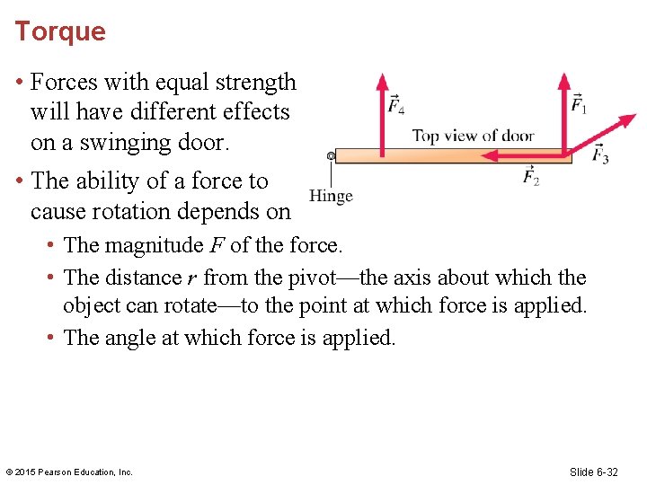 Torque • Forces with equal strength will have different effects on a swinging door.