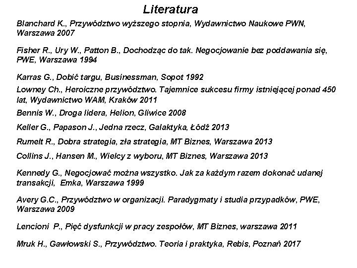 Literatura Blanchard K. , Przywództwo wyższego stopnia, Wydawnictwo Naukowe PWN, Warszawa 2007 Fisher R.