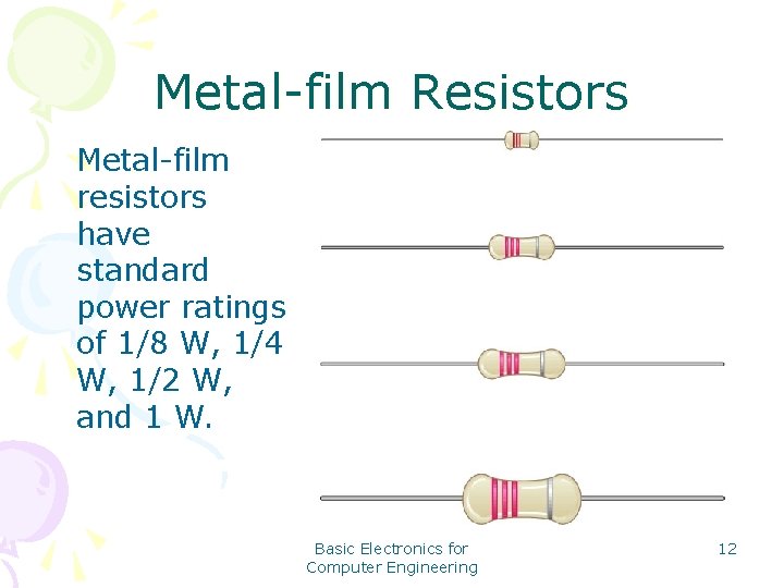 Metal-film Resistors Metal-film resistors have standard power ratings of 1/8 W, 1/4 W, 1/2