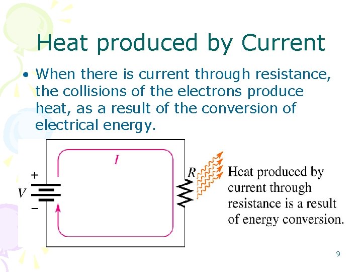 Heat produced by Current • When there is current through resistance, the collisions of