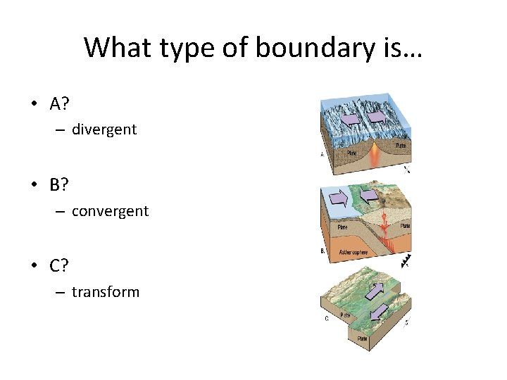 What type of boundary is… • A? – divergent • B? – convergent •