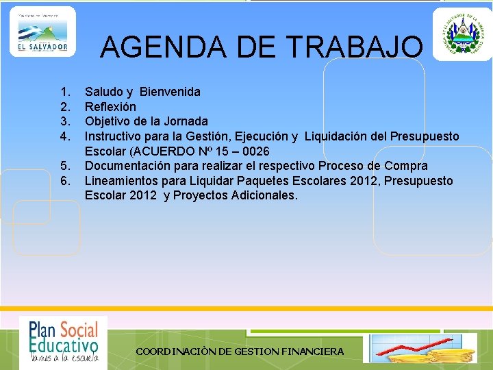 AGENDA DE TRABAJO 1. 2. 3. 4. 5. 6. Saludo y Bienvenida Reflexión Objetivo