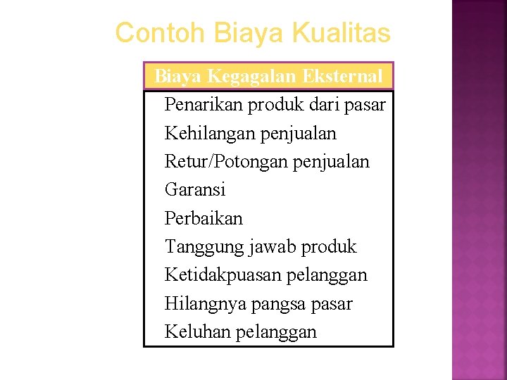 Contoh Biaya Kualitas Biaya Kegagalan Eksternal Penarikan produk dari pasar Kehilangan penjualan Retur/Potongan penjualan Contoh Biaya Kualitas Biaya Kegagalan Eksternal Penarikan produk dari pasar Kehilangan penjualan Retur/Potongan penjualan