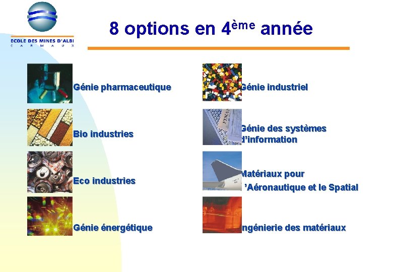 8 options en 4ème année Génie pharmaceutique Génie industriel Bio industries Génie des systèmes