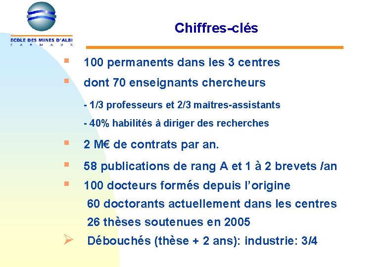 Chiffres-clés § § 100 permanents dans les 3 centres dont 70 enseignants chercheurs -