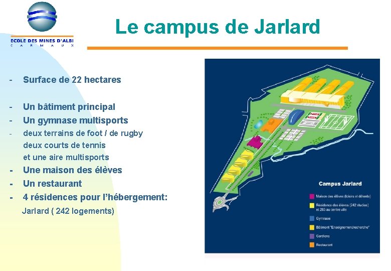 Le campus de Jarlard - Surface de 22 hectares - Un bâtiment principal Un