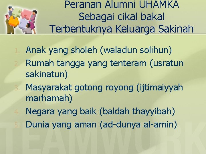 Peranan Alumni UHAMKA Sebagai cikal bakal Terbentuknya Keluarga Sakinah 1. 2. 3. 4. 5.