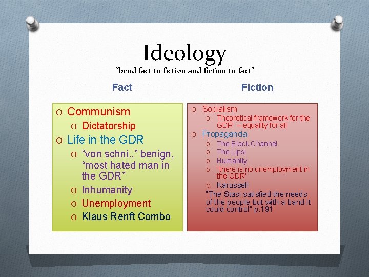 Ideology “bend fact to fiction and fiction to fact” Fact O Communism O Dictatorship