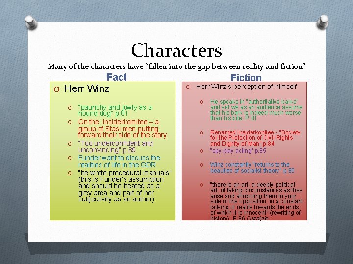 Characters Many of the characters have “fallen into the gap between reality and fiction”