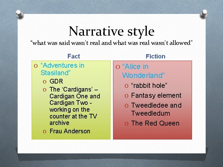 Narrative style “what was said wasn’t real and what was real wasn’t allowed” Fact