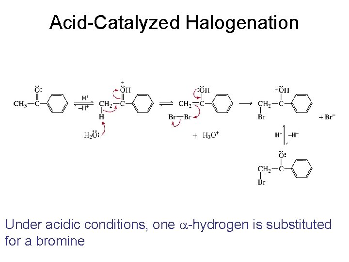 Acid-Catalyzed Halogenation Under acidic conditions, one a-hydrogen is substituted for a bromine 